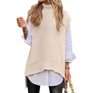 ANRABESS Sweater Vest Women Turtleneck Sleeveless Loose Fit Pullover Knit Spilt Tank Tops 2025 Casual Trendy Fall Outfits(Parchment)