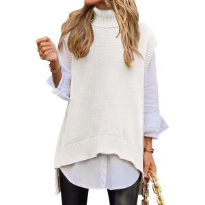 ANRABESS Sweater Vest Women Turtleneck Sleeveless Loose Fit Pullover Knit Spilt Tank Tops 2025 Casual Trendy Fall Outfits(White)