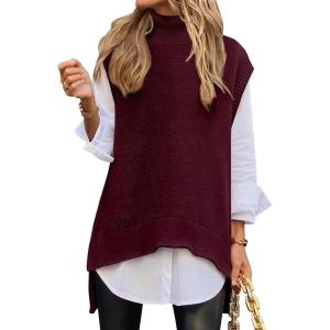 ANRABESS Sweater Vest Women Turtleneck Sleeveless Loose Fit Pullover Knit Spilt Tank Tops 2025 Casual Trendy Fall Outfits(Wind Red)