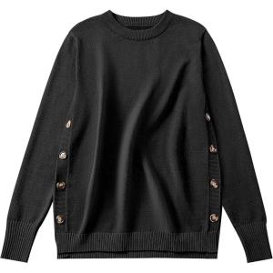ANRABESS Sweaters for Women 2025 Fall Long Sleeve Crewneck Knit Casual Loose Side Button Basic Pullover Tops Trendy Outfits(Black)