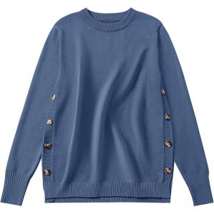 ANRABESS Sweaters for Women 2025 Fall Long Sleeve Crewneck Knit Casual Loose Side Button Basic Pullover Tops Trendy Outfits(Blue)