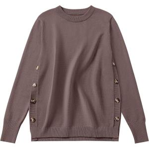 ANRABESS Sweaters for Women 2025 Fall Long Sleeve Crewneck Knit Casual Loose Side Button Basic Pullover Tops Trendy Outfits(Brown)