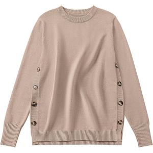 ANRABESS Sweaters for Women 2025 Fall Long Sleeve Crewneck Knit Casual Loose Side Button Basic Pullover Tops Trendy Outfits(Khaki)