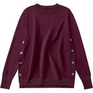 ANRABESS Sweaters for Women 2025 Fall Long Sleeve Crewneck Knit Casual Loose Side Button Basic Pullover Tops Trendy Outfits(Wine Red)