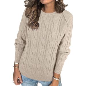 ANRABESS Sweaters for Women Long Sleeve Crewneck Cable Knit Casual Loose Pullover Tops 2025 Trendy Fall Vintage Outfits(Almond)