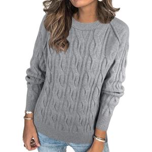 ANRABESS Sweaters for Women Long Sleeve Crewneck Cable Knit Casual Loose Pullover Tops 2025 Trendy Fall Vintage Outfits(Grey)