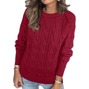 ANRABESS Sweaters for Women Long Sleeve Crewneck Cable Knit Casual Loose Pullover Tops 2025 Trendy Fall Vintage Outfits(Red)