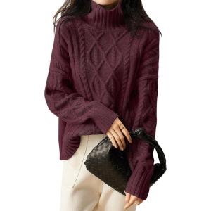 ANRABESS Sweaters for Women Oversized Long Sleeve Turtleneck Cable Knit Casual Loose Pullover Tops 2025 Fall Trendy Outfits(Burgundy)