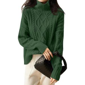 ANRABESS Sweaters for Women Oversized Long Sleeve Turtleneck Cable Knit Casual Loose Pullover Tops 2025 Fall Trendy Outfits(Deep Green)
