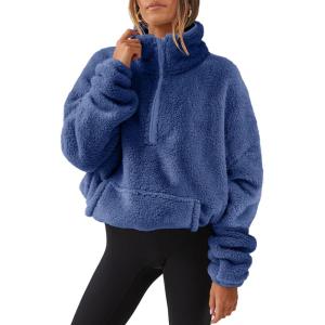 ANRABESS Sweatshirt for Women Zip Up Hoodies Cropped Pullover Fleece Hooded Sherpa Sweaters Tops 2025 Fall Winter Clothes(Deep Blue)