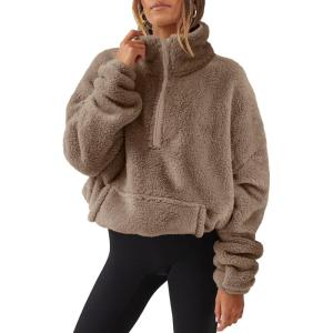 ANRABESS Sweatshirt for Women Zip Up Hoodies Cropped Pullover Fleece Hooded Sherpa Sweaters Tops 2025 Fall Winter Clothes(Deep Khaki)