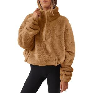ANRABESS Sweatshirt for Women Zip Up Hoodies Cropped Pullover Fleece Hooded Sherpa Sweaters Tops 2025 Fall Winter Clothes(Light Brwon)