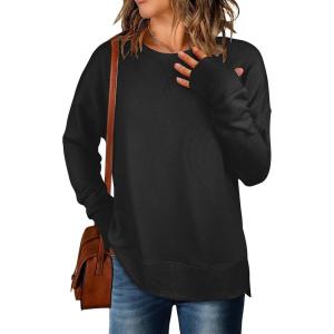 ANRABESS Sweatshirts for Women 2025 Fall Long Sleeve Shirts Oversized Crewneck Lightweight Side Split Casual Pullover Tops(Black)