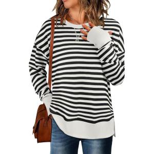 ANRABESS Sweatshirts for Women 2025 Fall Long Sleeve Shirts Oversized Crewneck Lightweight Side Split Casual Pullover Tops(Black White)