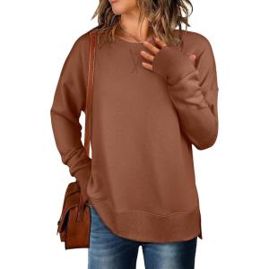 ANRABESS Sweatshirts for Women 2025 Fall Long Sleeve Shirts Oversized Crewneck Lightweight Side Split Casual Pullover Tops(Burnt Brown)