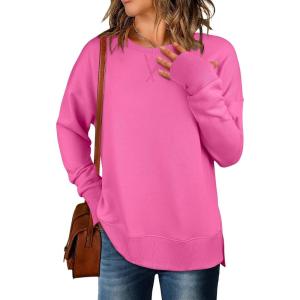 ANRABESS Sweatshirts for Women 2025 Fall Long Sleeve Shirts Oversized Crewneck Lightweight Side Split Casual Pullover Tops(Hot Pink)