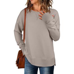 ANRABESS Sweatshirts for Women 2025 Fall Long Sleeve Shirts Oversized Crewneck Lightweight Side Split Casual Pullover Tops(Khaki)