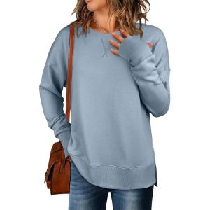 ANRABESS Sweatshirts for Women 2025 Fall Long Sleeve Shirts Oversized Crewneck Lightweight Side Split Casual Pullover Tops(Light Blue)