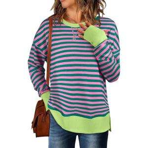 ANRABESS Sweatshirts for Women 2025 Fall Long Sleeve Shirts Oversized Crewneck Lightweight Side Split Casual Pullover Tops(Pink Green)