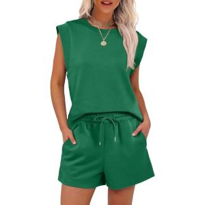 ANRABESS Two Piece Sets for Women 2025 Summer Short Lounge Set Casual Beach Vacation Outfits Spring Sweatsuits Tracksuit(Deep Green)