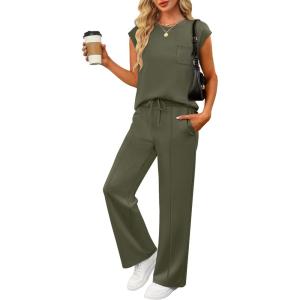 ANRABESS Two Piece Sets for Women Summer Sleeveless Sweatsuits Wide Leg Casual Lounge Set Matching Vacation Travel Outfits(Army Green)