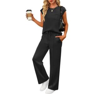 ANRABESS Two Piece Sets for Women Summer Sleeveless Sweatsuits Wide Leg Casual Lounge Set Matching Vacation Travel Outfits(Black)