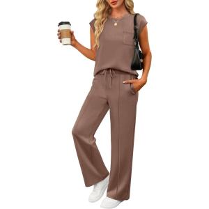 ANRABESS Two Piece Sets for Women Summer Sleeveless Sweatsuits Wide Leg Casual Lounge Set Matching Vacation Travel Outfits(Brown)