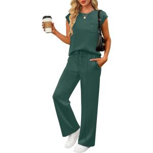 ANRABESS Two Piece Sets for Women Summer Sleeveless Sweatsuits Wide Leg Casual Lounge Set Matching Vacation Travel Outfits(Deep Green)