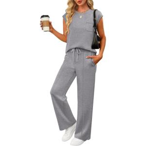 ANRABESS Two Piece Sets for Women Summer Sleeveless Sweatsuits Wide Leg Casual Lounge Set Matching Vacation Travel Outfits(Grey)