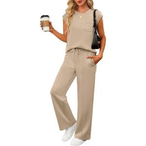 ANRABESS Two Piece Sets for Women Summer Sleeveless Sweatsuits Wide Leg Casual Lounge Set Matching Vacation Travel Outfits(Khaki)