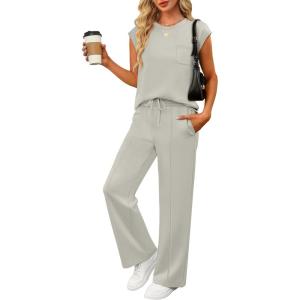 ANRABESS Two Piece Sets for Women Summer Sleeveless Sweatsuits Wide Leg Casual Lounge Set Matching Vacation Travel Outfits(Light Khaki)