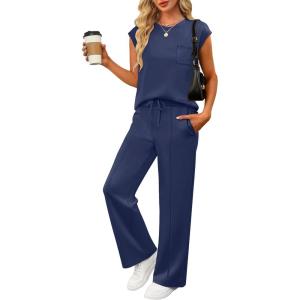 ANRABESS Two Piece Sets for Women Summer Sleeveless Sweatsuits Wide Leg Casual Lounge Set Matching Vacation Travel Outfits(Navy Blue)