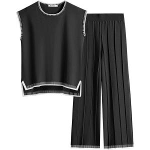 ANRABESS Women 2 Piece Lounge Sets Summer Casual Knit Sweater Vest Pant Set Beach Vacation Airport Clothes 2025 Fall Outfits(Black-white 02)
