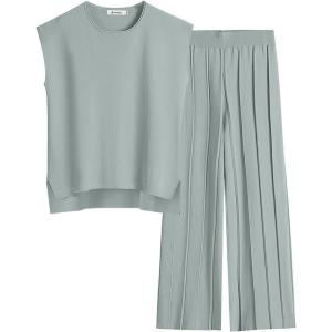 ANRABESS Women 2 Piece Lounge Sets Summer Casual Knit Sweater Vest Pant Set Beach Vacation Airport Clothes 2025 Fall Outfits(Grey Green)