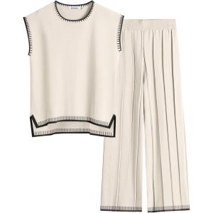 ANRABESS Women 2 Piece Lounge Sets Summer Casual Knit Sweater Vest Pant Set Beach Vacation Airport Clothes 2025 Fall Outfits(Khaki-black)