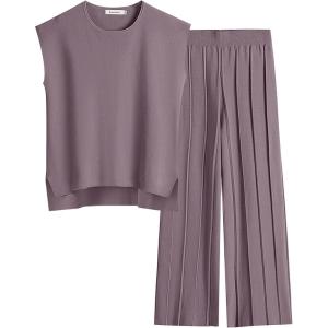 ANRABESS Women 2 Piece Lounge Sets Summer Casual Knit Sweater Vest Pant Set Beach Vacation Airport Clothes 2025 Fall Outfits(Purple)