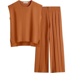 ANRABESS Women 2 Piece Lounge Sets Summer Casual Knit Sweater Vest Pant Set Beach Vacation Airport Clothes 2025 Fall Outfits(Rust)
