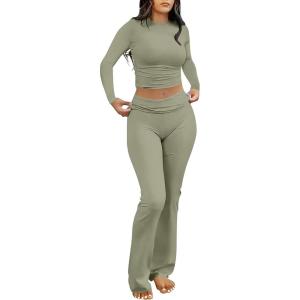 ANRABESS Women 2 Piece Outfits Fall Lounge Sets Long Sleeve Cropped Top Fold Over Flare Pants Comfy Pajamas Set Y2K Clothes(Army Green)