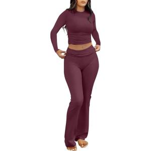 ANRABESS Women 2 Piece Outfits Fall Lounge Sets Long Sleeve Cropped Top Fold Over Flare Pants Comfy Pajamas Set Y2K Clothes(Burgundy)