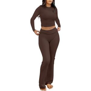 ANRABESS Women 2 Piece Outfits Fall Lounge Sets Long Sleeve Cropped Top Fold Over Flare Pants Comfy Pajamas Set Y2K Clothes(Coffee)