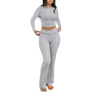 ANRABESS Women 2 Piece Outfits Fall Lounge Sets Long Sleeve Cropped Top Fold Over Flare Pants Comfy Pajamas Set Y2K Clothes(Grey)