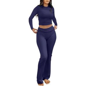 ANRABESS Women 2 Piece Outfits Fall Lounge Sets Long Sleeve Cropped Top Fold Over Flare Pants Comfy Pajamas Set Y2K Clothes(Navy Blue)