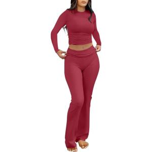 ANRABESS Women 2 Piece Outfits Fall Lounge Sets Long Sleeve Cropped Top Fold Over Flare Pants Comfy Pajamas Set Y2K Clothes(Plain Red)
