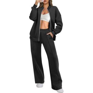 ANRABESS Women 2 Piece Outfits Lounge Set Oversized Zip Up Sweatshirt Jacket Sweatpant Matching Sweat Sets Winter Sweatsuits(Black)