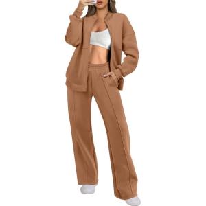 ANRABESS Women 2 Piece Outfits Lounge Set Oversized Zip Up Sweatshirt Jacket Sweatpant Matching Sweat Sets Winter Sweatsuits(Brown)