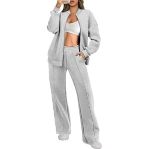 ANRABESS Women 2 Piece Outfits Lounge Set Oversized Zip Up Sweatshirt Jacket Sweatpant Matching Sweat Sets Winter Sweatsuits(Grey)