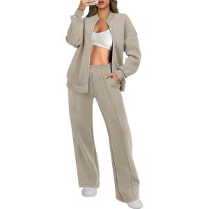 ANRABESS Women 2 Piece Outfits Lounge Set Oversized Zip Up Sweatshirt Jacket Sweatpant Matching Sweat Sets Winter Sweatsuits(Khaki)