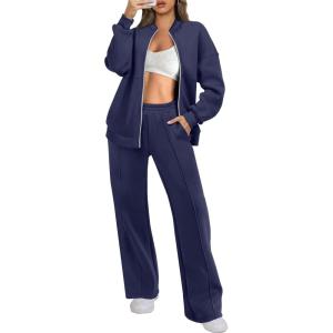 ANRABESS Women 2 Piece Outfits Lounge Set Oversized Zip Up Sweatshirt Jacket Sweatpant Matching Sweat Sets Winter Sweatsuits(Navy Blue)