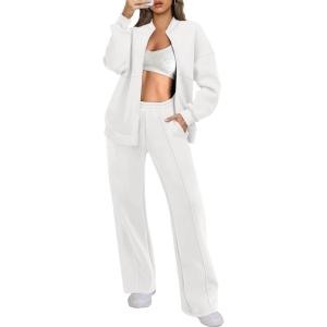 ANRABESS Women 2 Piece Outfits Lounge Set Oversized Zip Up Sweatshirt Jacket Sweatpant Matching Sweat Sets Winter Sweatsuits(White)