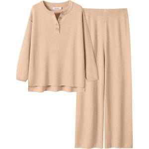 ANRABESS Women 2 Piece Outfits Oversized Loose Waffle Knit Sweater Set 2025 Fall Trendy Matching Lounge Sets Cozy Clothes(Apricot)